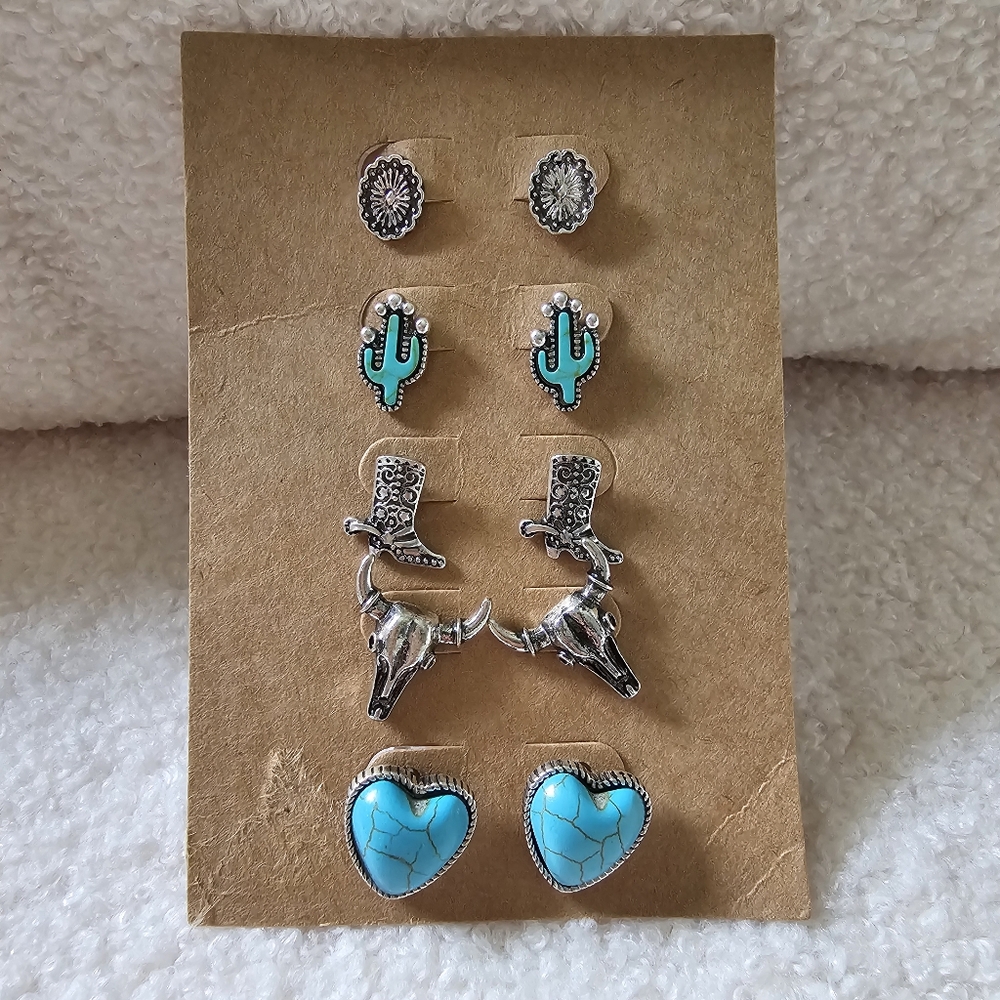 Western Southwestern silver toned stud earring faux turquoise cowboy boot cactus